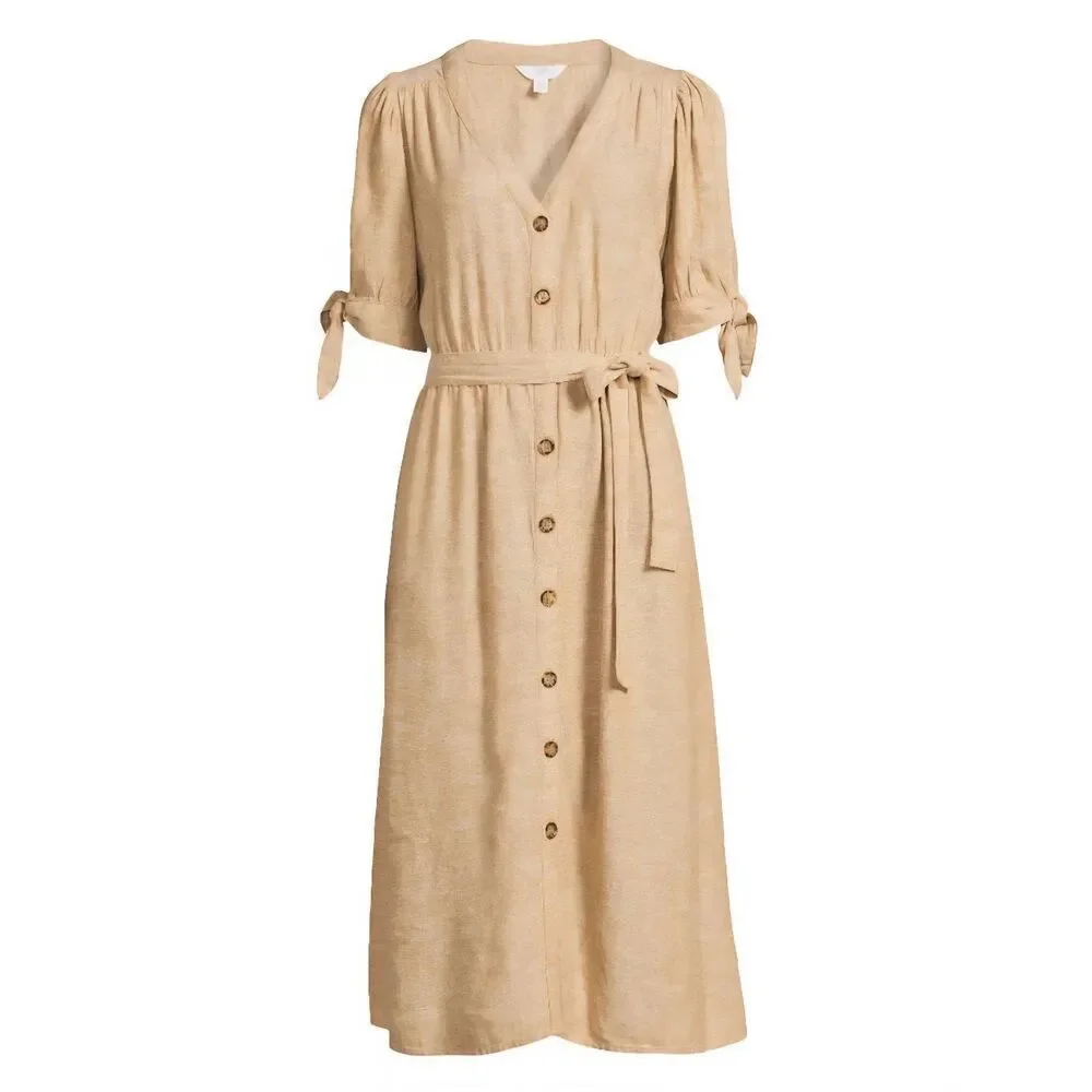 NWT Time and Tru Plus Size XXXL V-Neck Puff Sleeve Linen Blend Midi Dress